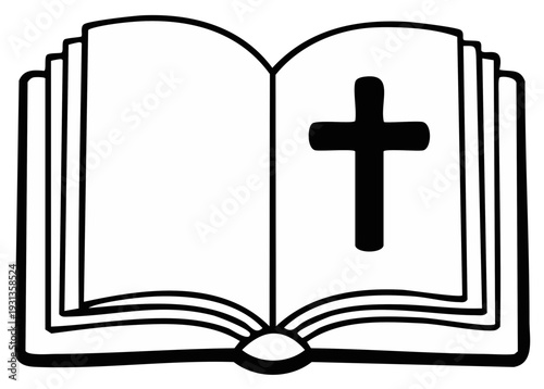 Open Book Illustration Featuring a Christian Cross Symbol on the Right Page Graphic Element