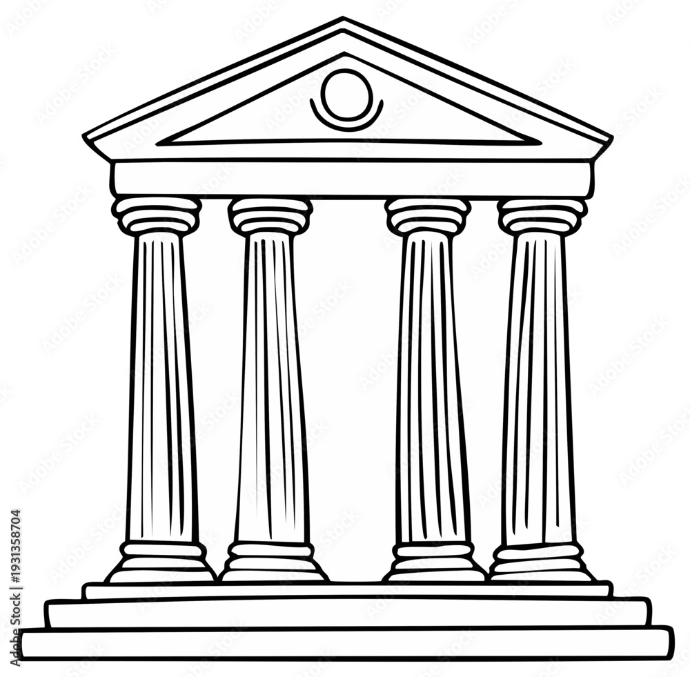Obraz premium Ancient Greek Roman temple building with pillars vector line art illustration