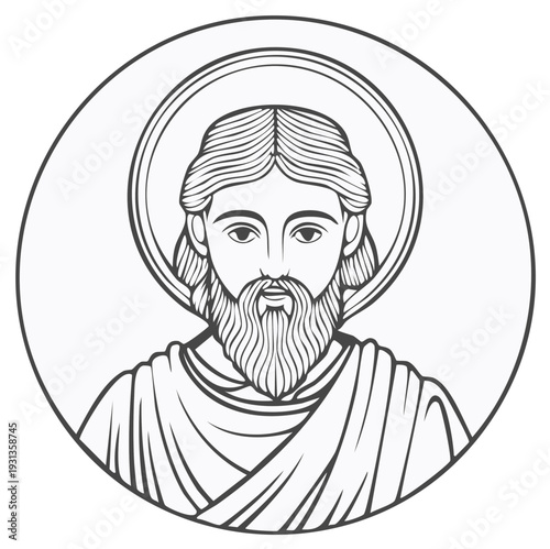 Religious portrait of a bearded man with a halo and flowing hair in a circular frame