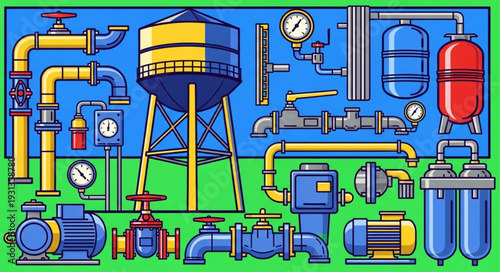 Industrial plumbing system components and water tower illustration.