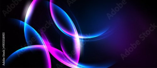 Abstract neon lights form flowing curves. Vivid purple, blue hues dominate dark background. Dynamic energy radiates from design.