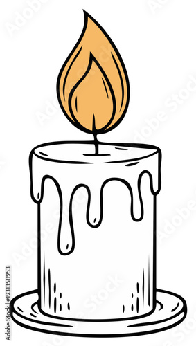 Simple hand drawn illustration of a single burning candle with a flame and melting wax