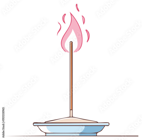 Burning incense stick with pink flame in a dish