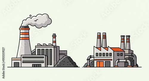 Two industrial factories with smoking chimneys and coal pile.