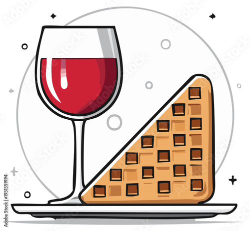 Gourmet Waffle Wedge and Red Wine Glass on Plate