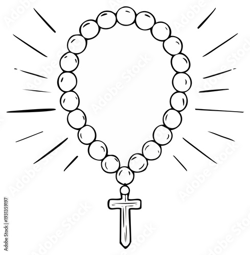 Religious Rosary Beads and Cross in Black and White Outline, Spiritual Symbol