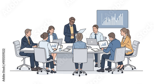 Diverse business professionals collaborating in a modern conference room meeting with a presenter and data displayed on a screen.