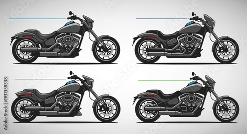 Four Custom Cruiser Motorcycles Displayed Side By Side.