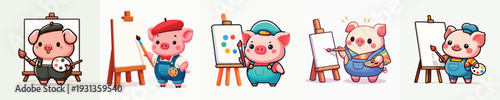 cute standing pig vector while painting
