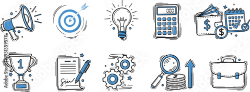Business and Marketing Strategy Hand Drawn Icon Set with Target, Calculator, Trophy, Contract and Financial Growth Symbols
