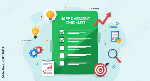 Green improvement checklist with business icons and symbols on light blue background for productivity and strategy