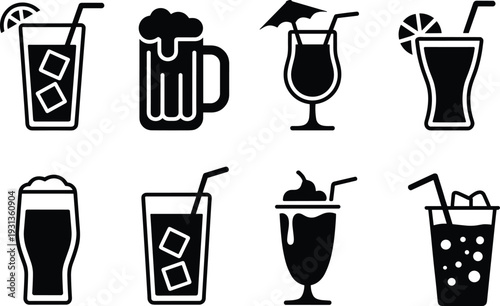 Black and white beverage icon set, cocktail, beer, soda, dessert drink, glassware with straws, garnishes, foam, bubbles vector design