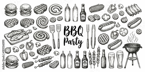 BBQ Party Hand Drawn Elements Set with Charcoal Grill Steaks Sausages Burgers Vegetables and Condiments Vintage Charcoal Sketch Vector for Summer Cookout Design