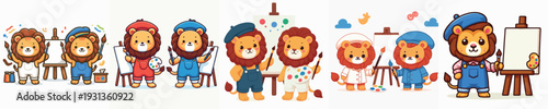 cute lion standing pose vector while painting