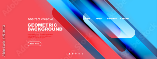 Modern website header design. Vibrant colors, geometric shapes, text elements present. Clean layout, inviting aesthetic.