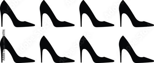 Black high heel shoe silhouette collection with elegant stiletto pumps isolated on white background fashion footwear vector illustration set