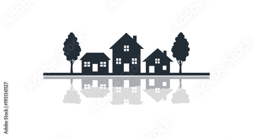 minimalist city skyline silhouette of houses and trees reflecting on a calm surface perfect for real estate and community.