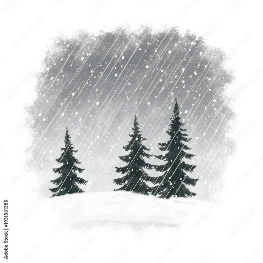 Obraz premium Snowy Winter Landscape with Fir Trees and Falling Snow in a Forest Scene