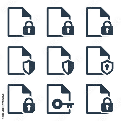 Set of file security icons with lock,