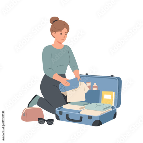 Woman packing suitcase travel preparation commercial