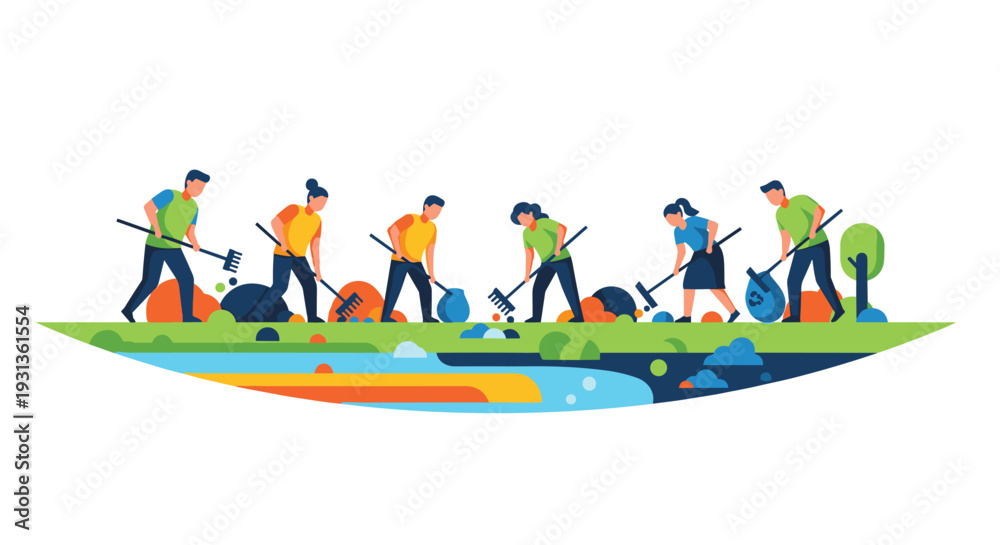 Fototapeta premium Six individuals in colorful attire are actively raking and collecting trash into bags along a vibrant layered landscape with a river, Generative AI.