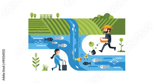 A man and a woman walk alongside a river containing fish and chemical symbols flowing through a green terraced landscape, Generative AI.