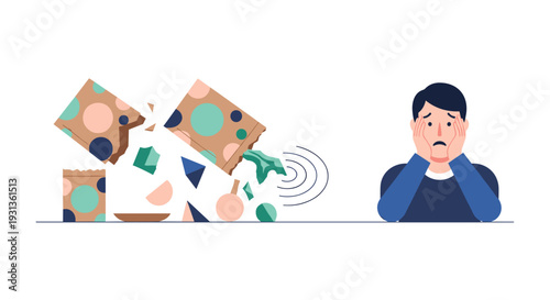 A distressed man observes colorful geometric and organic shapes spilling from two overturned patterned boxes onto a light surface in a minimalist setting, Generative AI.