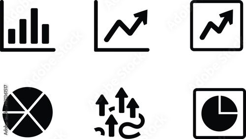 Black silhouette icon set of six data visualization designs, bar chart, line graph, pie chart, growth arrows, analytics vector illustration