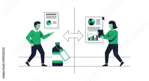 A man points to documents with pie charts while a woman holds a tablet with bar graphs separated by a line and exchange arrow, Generative AI.