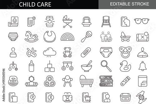 Professional Collection of Minimalist Childcare and Early Childhood Development Icons including Baby Strollers, Cribs, Feeding Bottles, Educational Playthings, and Kids Healthcare Items with Editable 