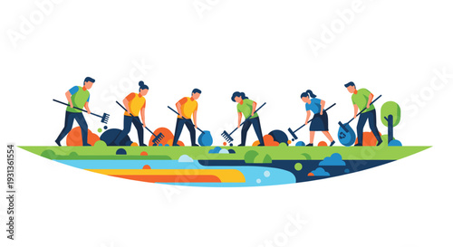 Six individuals in colorful attire are actively raking and collecting trash into bags along a vibrant layered landscape with a river, Generative AI.