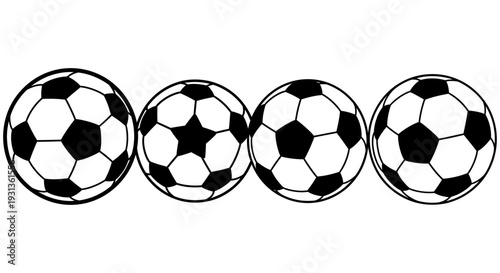four classic black and white soccer balls displayed in a row on a white background ideal for sports branding or graphic design.