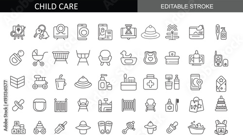 Comprehensive Bundle of Baby Care and Nursery Essentials Line Icons featuring Newborn Clothing, Infant Toys, Maternity Equipment, Toddler Hygiene Products, and Parenting Symbols in a Minimalist Outlin