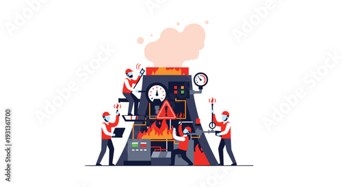 Several workers in red uniforms are urgently attempting to repair a large complex industrial machine that is actively spewing fire and smoke, Generative AI.