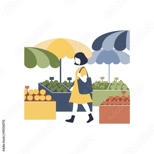 Market Woman Shopping Food Stall Commercial Illustration