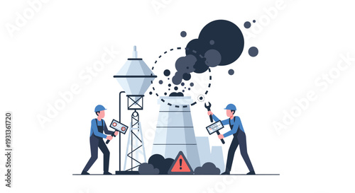 Two male workers in blue uniforms are actively engaged in repairing a large industrial complex featuring a cooling tower and a smoking chimney against a white background, Generative AI.