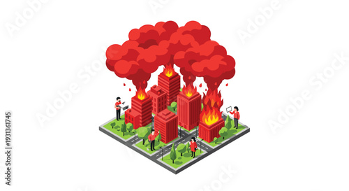 An isometric illustration shows a city block with multiple red buildings on fire emitting dense red smoke observed by two small figures on a white background, Generative AI.