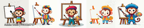 cute monkey standing pose vector while painting