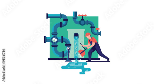 A worker in an orange hard hat is cleaning up a significant water leak from a complex system of blue pipes and valves, Generative AI.