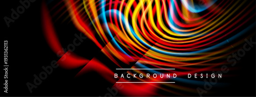 Abstract colorful lines create dynamic visual effect. Black background emphasizes vibrant curves, shapes, modern design elements.