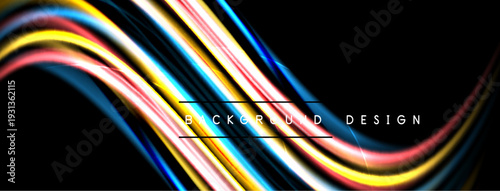 Abstract colorful lines flow, creating dynamic wave pattern. Black background emphasizes vibrant hues, modern design element.