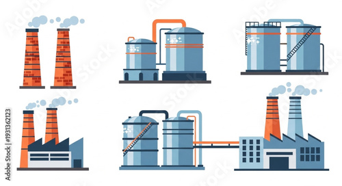 Industrial factory buildings with smokestacks and storage tanks.