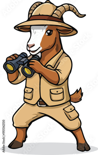Cute Cartoon Goat Explorer Character in Safari Outfit with Binoculars and Pith Helmet – Adorable Wildlife Adventurer Vector Illustration for Kids, Travel, and Education Branding