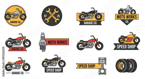 Motorcycle repair shop emblems and logos collection.