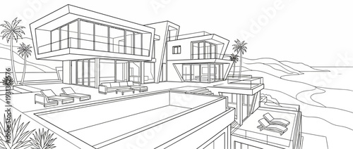 Modern Luxury Villa Line Art with Infinity Pool Ocean View and Palm Trees Minimalist Architectural Sketch for Real Estate Design and Adult Coloring Page