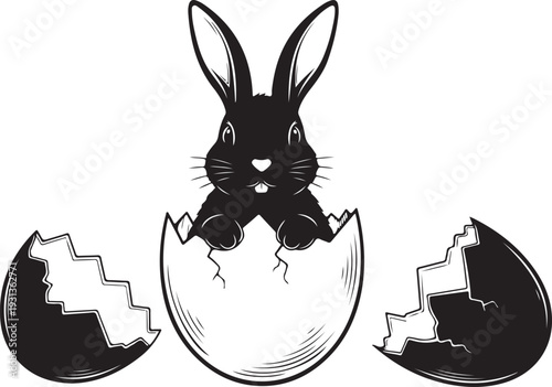 Black Easter bunny emerging from cracked eggshell illustration