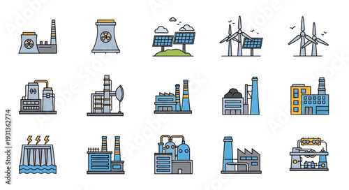 Collection of Industrial Factory and Power Plant Icons.