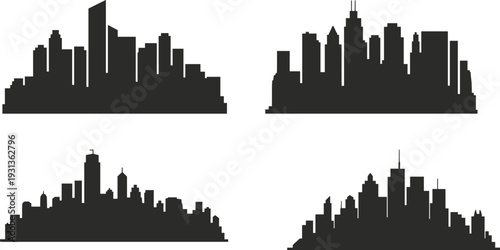 Black silhouette vector illustrations of diverse urban city skylines with high-rise buildings, spires, and architectural details for design themes.