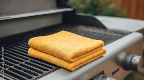 Clean Barbecue Equipment with Yellow Cloth on Grill Grate Under Natural Light for Outdoor Cooking Enthusiasts