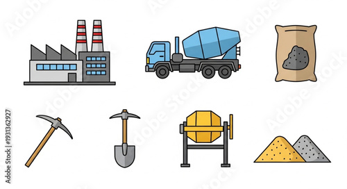 Construction industry equipment and materials illustration.